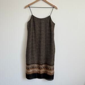 Vintage Ann Taylor 100% Silk Slip Dress 8 Border Print Tribal 90s Y2K Brown Zip